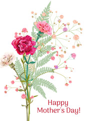 Vertical Mother's Day, Victory Day card with carnation: red, pink, flowers, twigs gypsophile, white background. Templates for design, vintage botanical illustration in watercolor style, vector
