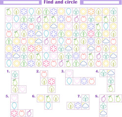   
Logic game for children. Development of attention, thinking. Find and circle the fragments shown below