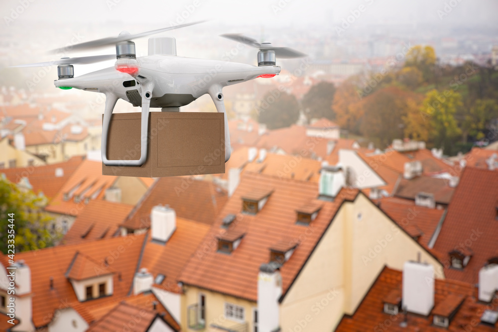 Poster drone with a package. unmanned delivery concept