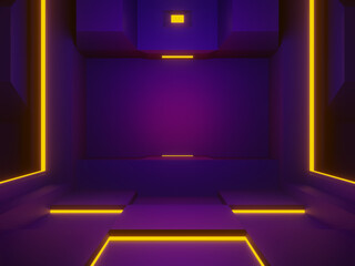 3D rendered purple spaceship room stage. Futuristic background.