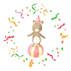Circus carnival with animals teddy bear balancing on the ball 