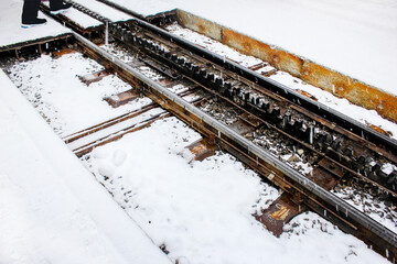 Close up of winter Railway Tracks,view of the railway track on a snow day