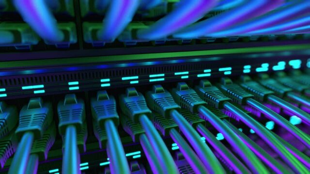 Internet Network Switch With Plugged Ethernet Cables.