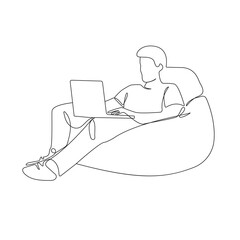 Continuous One Line Drawing of Man with Laptop. Businessman Working One Line Illustration. People Line Abstract Minimalist Contour Drawing. Vector EPS 10
