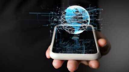 Human hand holding mobile phone with earth globe holographic technology . Futuristic visualization for virtual reality and augmented reality .