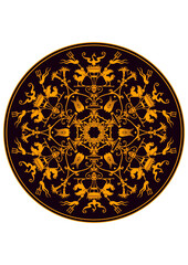 classical Mandala, rosette, eight-pointed star, set of Ornamental vector rosettes, snowflakes gold on burgundy background