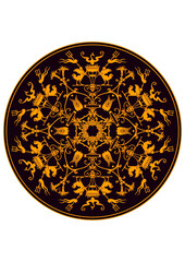 classical Mandala, rosette, eight-pointed star, set of Ornamental vector rosettes, snowflakes gold on burgundy background