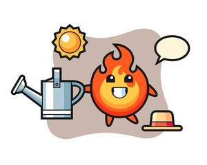 Cartoon Illustration of fire holding watering can
