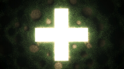 Illuminated Plus Sign over a Grassy Surface with Dry Patches 3D Rendering