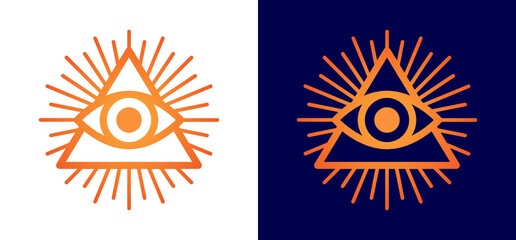 All seeing eye, illuminati symbol in triangle with light ray vector illustration.