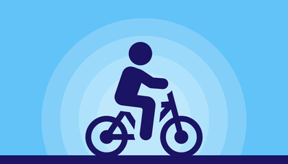 Man riding a bike silhouette on blue sky background.