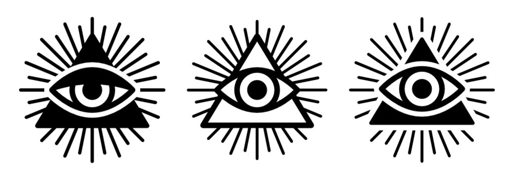 All seeing eye, illuminati symbol in triangle with light ray vector illustration.