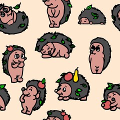 Cheerful funny hedgehog. Seamless illustration. Cartoon sketch style. Hand outline drawing of animal. vector