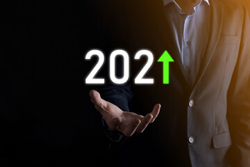 Plan business positive growth in year 2021 concept. Businessman plan and increase of positive indicators in his business, Growing up business concepts.