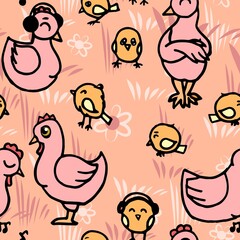 Chickens and chicks. Seamless illustration. Cartoon sketch style. Hand outline drawing cheerful funny animal. vector