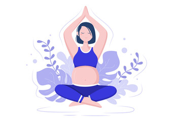Pregnant Woman Doing Yoga Poses With Relaxing, Meditation, Balance Exercises and Stretching. Flat Design Vector Illustration