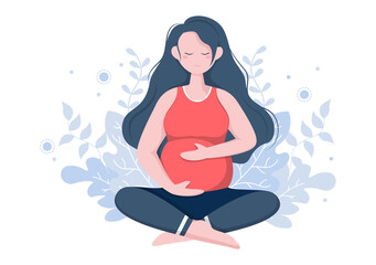Pregnant Woman Doing Yoga Poses With Relaxing, Meditation, Balance Exercises and Stretching. Flat Design Vector Illustration