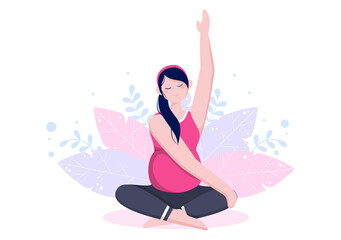 Pregnant Woman Doing Yoga Poses With Relaxing, Meditation, Balance Exercises and Stretching. Flat Design Vector Illustration