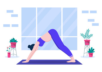 Pregnant Woman Doing Yoga Poses With Relaxing, Meditation, Balance Exercises and Stretching. Flat Design Vector Illustration