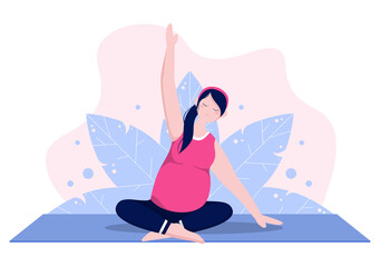 Obraz na płótnie Canvas Pregnant Woman Doing Yoga Poses With Relaxing, Meditation, Balance Exercises and Stretching. Flat Design Vector Illustration