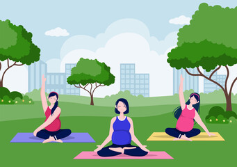 Pregnant Woman Doing Yoga Poses With Relaxing, Meditation, Balance Exercises and Stretching. Flat Design Vector Illustration