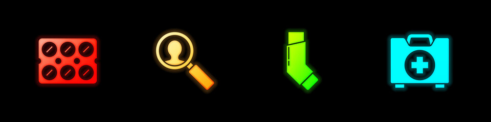 Set Pills in blister pack, Medical analysis, Inhaler and First aid kit icon. Vector