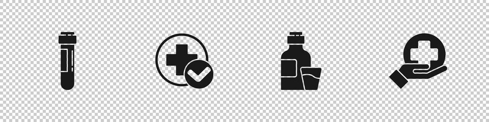 Obraz premium Set Test tube with blood, Cross hospital medical, Bottle of medicine syrup and icon. Vector