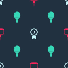 Set TPX loop training equipment, Medal and Racket for playing table tennis on seamless pattern. Vector