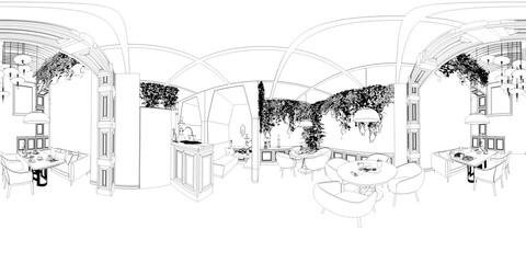 spherical panorama of the interior, contour visualization, 3D illustration, sketch, outline