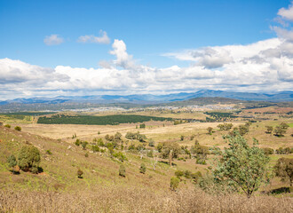 Panoramic view of suburbs of Denman Prospect, Wright and Coombs from Mount Painter in the Mount Painter Nature Reserve in Canberra, the capital city of Australia 