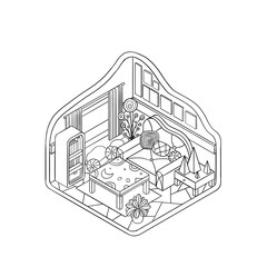 Childrens cartoon illustration of isometric magic room. Illustration for a book on the theme of magic, space. Coloring page