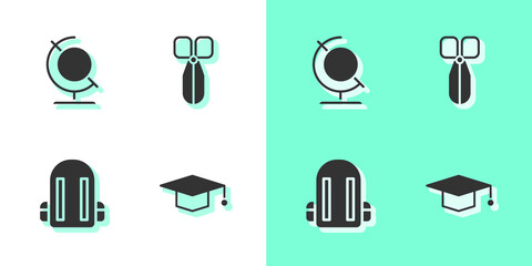 Set Graduation cap, Earth globe, School backpack and Scissors icon. Vector