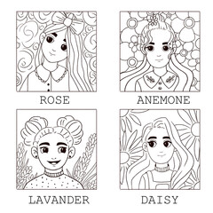 Set of linear portraits of girls on the background of flowers of chamomile, rose, lavender and forget-me-not. Illustration for coloring pages, children's books. Idea for an avatar.