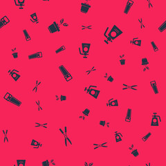 Set Gardening handmade scissors, Plant pot, Hand saw and sprayer for fertilizer on seamless pattern. Vector