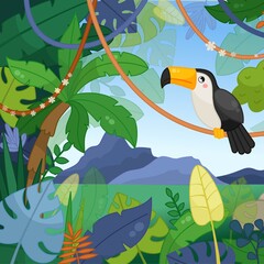 Illustration of a jungle landscape in cartoon style. Trees and palms frame the mountain landscape. Toucan sits on a liana.
