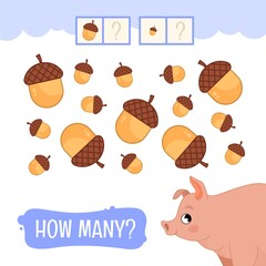 Counting educational children game, math kids activity sheet. How many big and small acorns?
