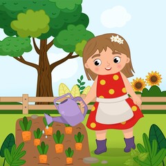 Obraz na płótnie Canvas Vector farm illustration in cartoon style. The girl is watering the vegetable garden.