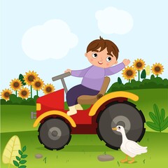 Vector farm illustration in cartoon style. The boy rides a tractor across the field.