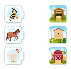 Obraz na płótnie Canvas Matching children educational game. What do animals live?. Activity for pre sсhool years kids and toddlers. Animals and their homes.