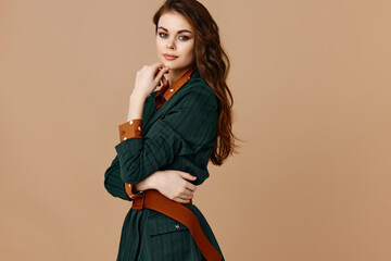 chic woman in shirt with belt and red sleeves model