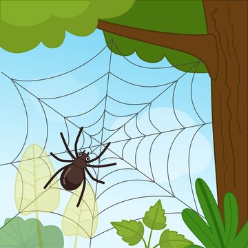 Cobweb on a tree. Landscape in cartoon style. Black spider weaves a web.

