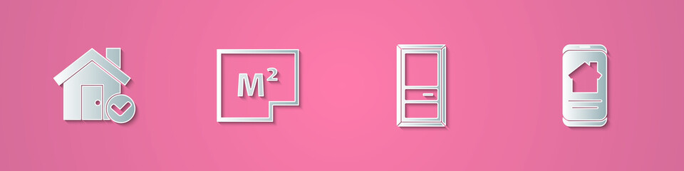 Set paper cut House with check mark, plan, Closed door and Online real estate house icon. Paper art style. Vector