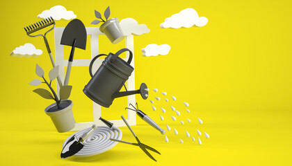 Illustration of a background with garden tools of a window frame and clouds.3 d render. Gray tool,yellow background. Hanging in the air. © Ola