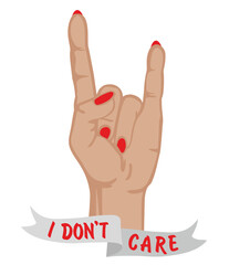 Obraz premium I don t care. Motivational poster. Two fingers up. Gesture hand. Sign victory. Symbol Rock and Roll. Vector illustration on a white background