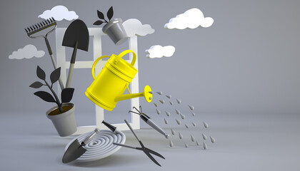 3d rendering of garden tools, consisting of a window frame, clouds, and garden tools. Yellow watering can on a gray background. Hanging in the air. © Ola