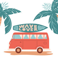 Vector summer cartoon illustration with car or bus, surfboard, palm and lettering ‘Wave lover’. For print, poster and card.