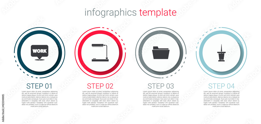 Poster set location with text work, table lamp, document folder and push pin. business infographic template