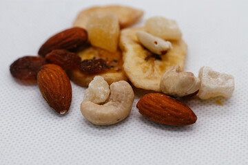 dried fruits and nuts
 on a white background close-up