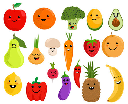 Happy cute smiling fruit face set. Vector flat kawaii cartoon character illustration icon collection. Kawaii emoji fruit. Apple, lemon, banana, orange, pear, pineapple, cherries, strawberry.
