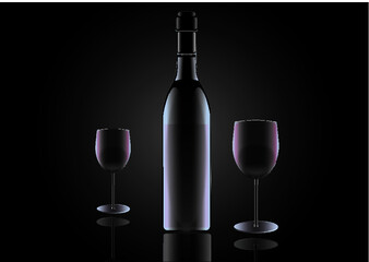 A bottle of red wine and two glasses on a black background. Romantic dinner. Glass and reflections. Glass artwork. Restaurants and wine. Red wine menu. Illustration for the restaurant menu.